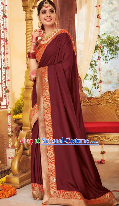 Asian Traditional Indian Festival Wine Red Silk Sari Dress India National Lehenga Bollywood Costumes for Women