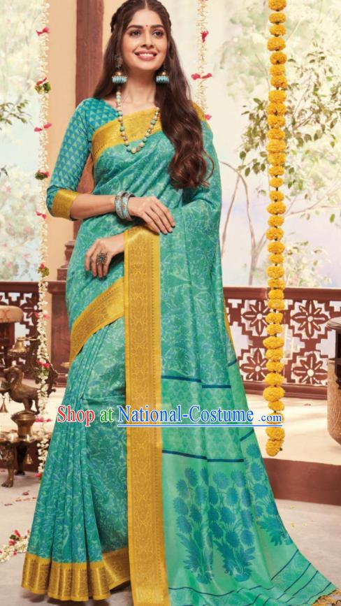 Asian Traditional Indian National Light Green Cotton Sari Dress India Lehenga Bollywood Costumes for Women