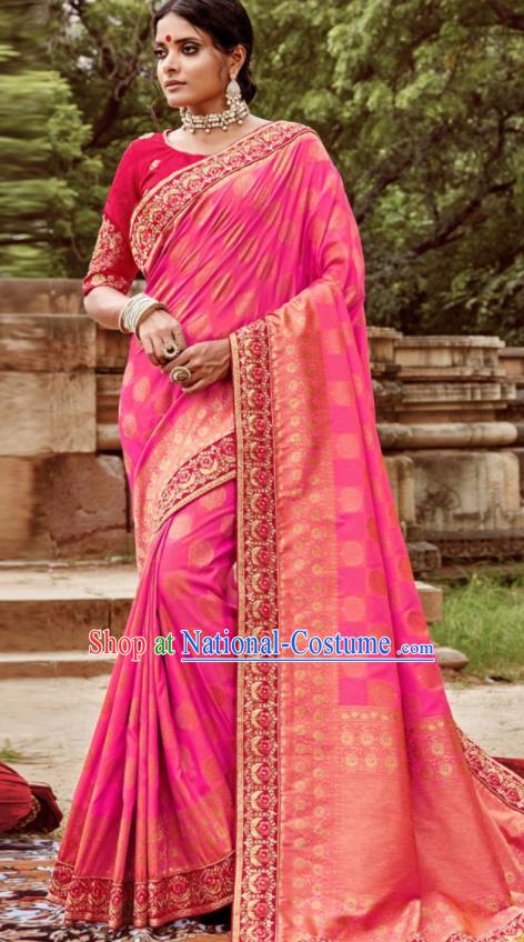 Asian Indian Bollywood Bride Embroidered Rosy Sari Dress India Traditional Court Wedding Costumes for Women