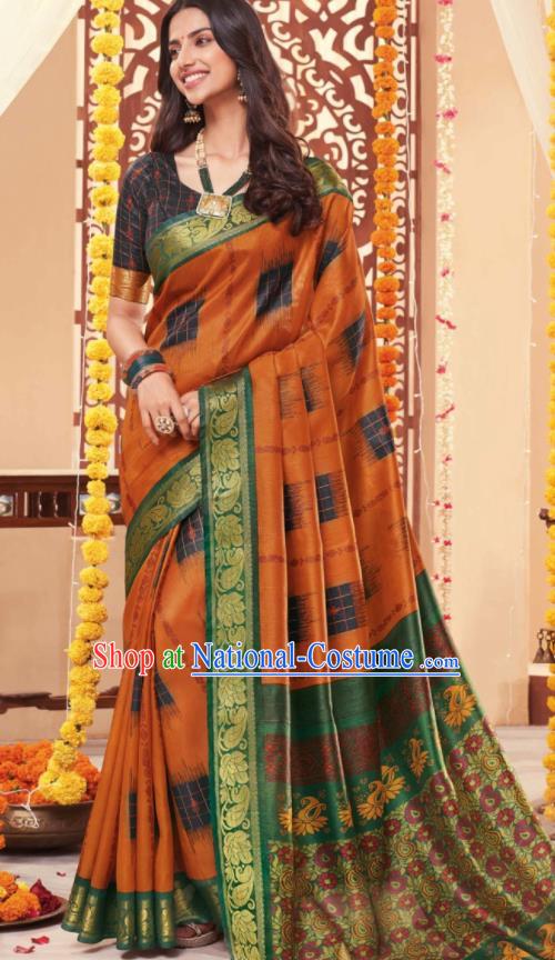 Asian Traditional Indian National Printing Orange Cotton Sari Dress India Lehenga Bollywood Costumes for Women