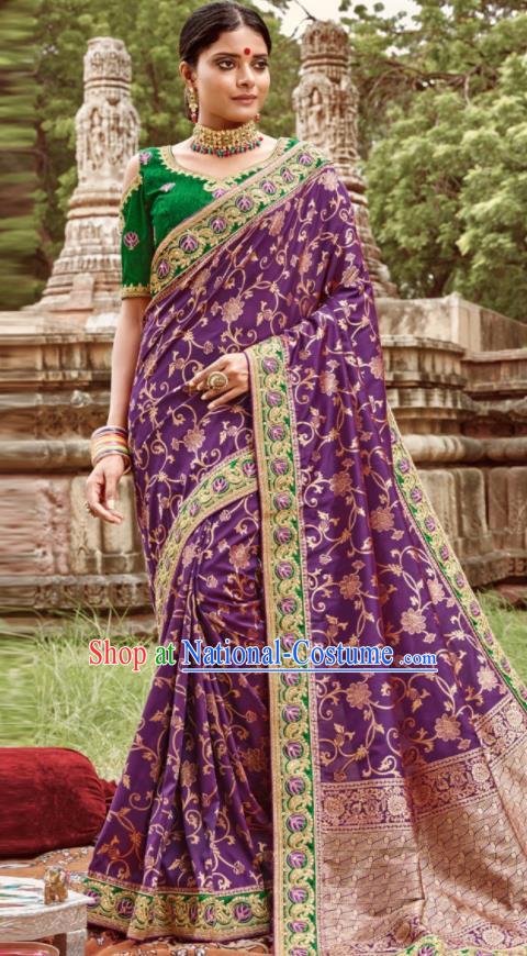 Asian Indian Bollywood Bride Embroidered Purple Sari Dress India Traditional Court Wedding Costumes for Women