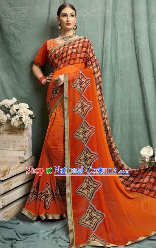 Asian Indian Bollywood Printing Orange Chiffon Sari Dress India Traditional Costumes for Women