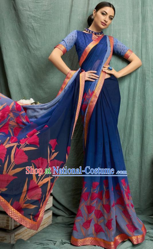 Asian Indian Bollywood Printing Royalblue Chiffon Sari Dress India Traditional Costumes for Women