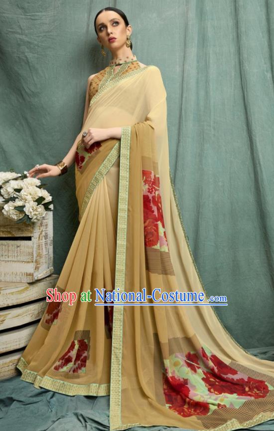 Asian Indian Bollywood Printing Ginger Chiffon Sari Dress India Traditional Costumes for Women