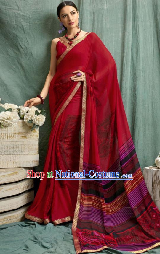 Asian Indian Bollywood Printing Red Chiffon Sari Dress India Traditional Costumes for Women