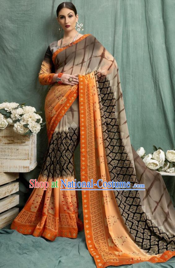 Asian Indian Bollywood Printing Brown Chiffon Sari Dress India Traditional Costumes for Women