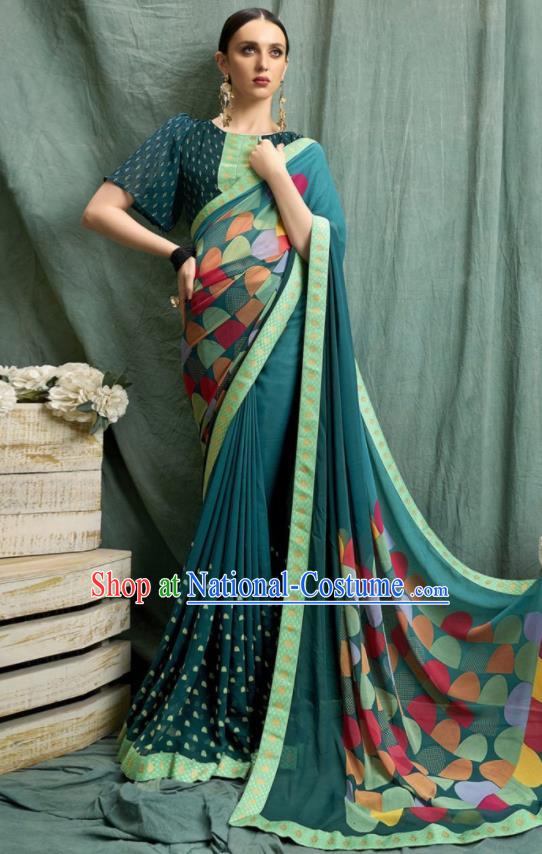 Asian Indian Bollywood Printing Green Chiffon Sari Dress India Traditional Costumes for Women