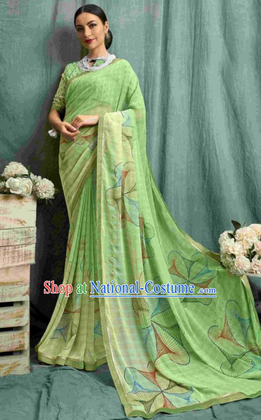 Asian Indian Bollywood Printing Light Green Chiffon Sari Dress India Traditional Costumes for Women