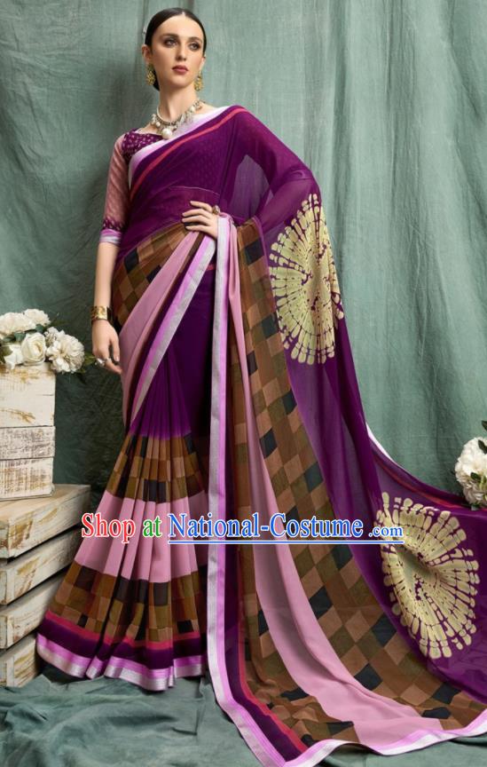 Asian Indian Bollywood Printing Purple Chiffon Sari Dress India Traditional Costumes for Women