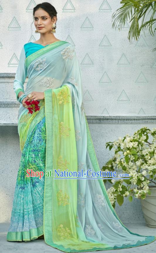 Asian Indian Bollywood Embroidered Light Blue Chiffon Sari Dress India Traditional Costumes for Women