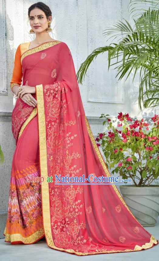 Asian Indian Bollywood Embroidered Peach Pink Chiffon Sari Dress India Traditional Costumes for Women