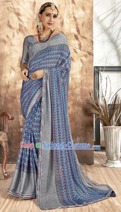 Asian Indian National Bollywood Printing Blue Chiffon Sari Dress India Traditional Costumes for Women