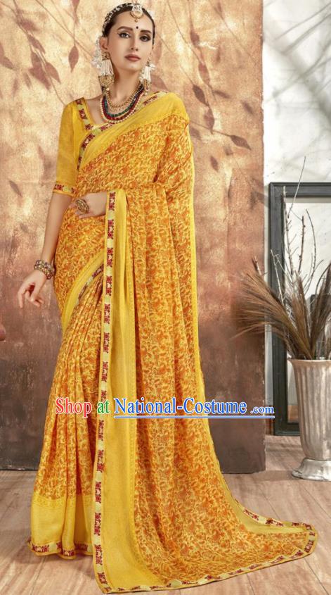 Asian Indian National Bollywood Printing Yellow Chiffon Sari Dress India Traditional Costumes for Women