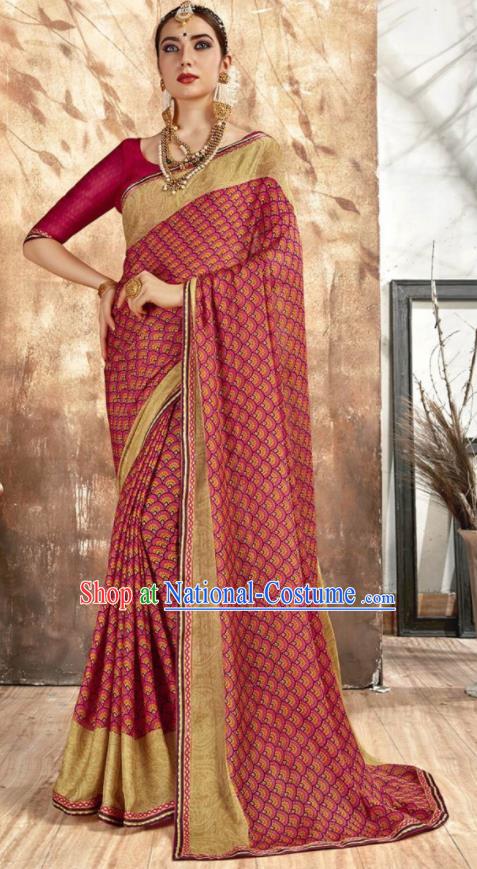 Asian Indian National Bollywood Printing Wine Red Chiffon Sari Dress India Traditional Costumes for Women