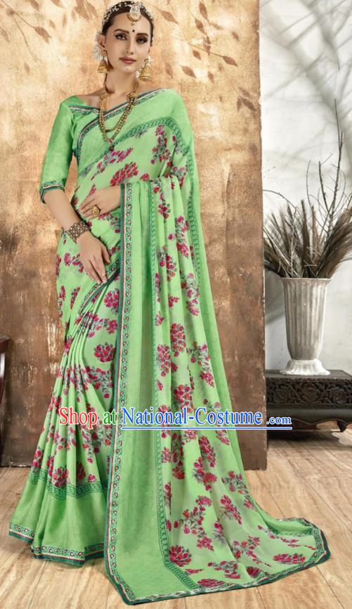 Asian Indian National Bollywood Printing Light Green Chiffon Sari Dress India Traditional Costumes for Women