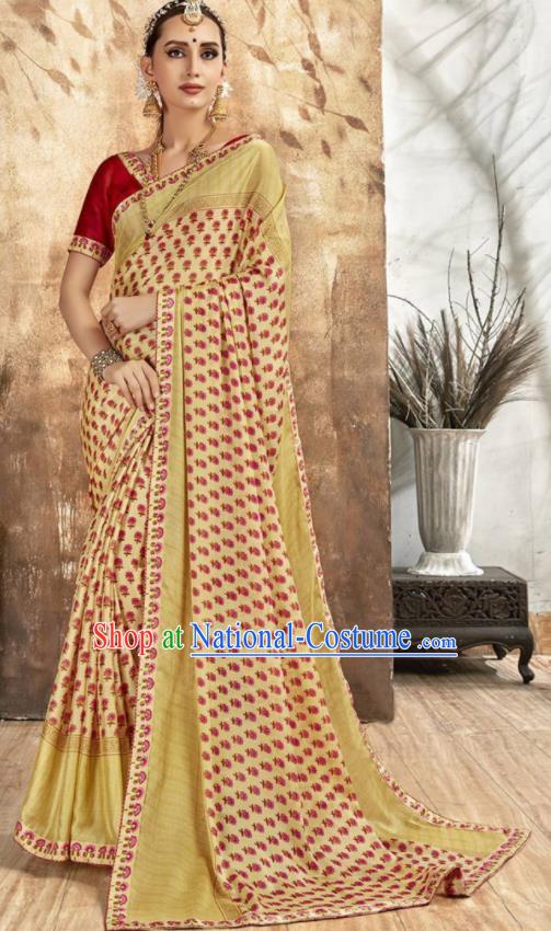 Asian Indian National Bollywood Printing Yellow Chiffon Sari Dress India Traditional Costumes for Women