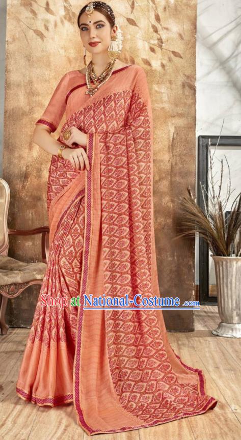 Asian Indian National Bollywood Printing Pink Chiffon Sari Dress India Traditional Costumes for Women