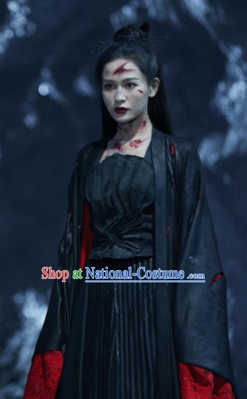 Chinese Ancient Heaven General Black Dress Drama Love and Destiny Female Swordsman Yuan Tong Replica Costumes for Women