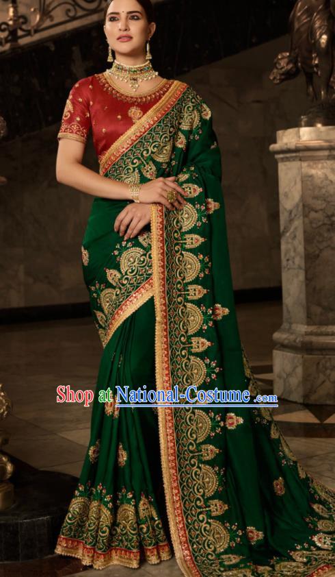 Asian Traditional Indian Court Embroidered Green Silk Sari Dress India National Festival Bollywood Costumes for Women