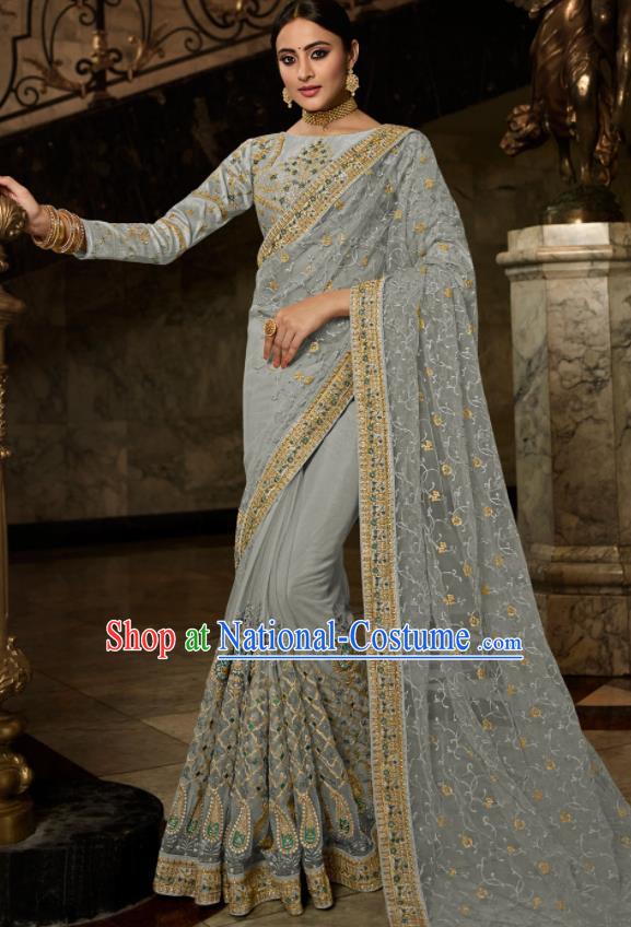 Asian Traditional Indian Court Embroidered Light Grey Silk Sari Dress India National Festival Bollywood Costumes for Women