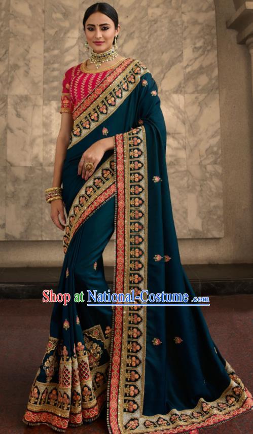 Asian Traditional Indian Court Embroidered Peacock Blue Silk Sari Dress India National Festival Bollywood Costumes for Women