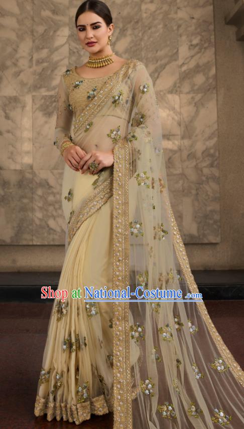 Asian Traditional Indian Court Embroidered Beige Silk Sari Dress India National Festival Bollywood Costumes for Women