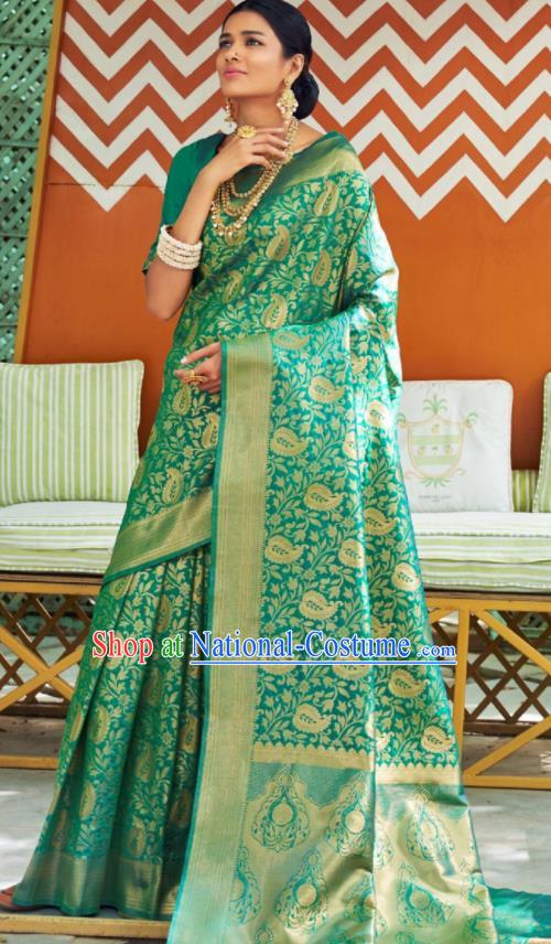 Asian Traditional Indian Court Queen Green Silk Sari Dress India National Festival Bollywood Costumes for Women