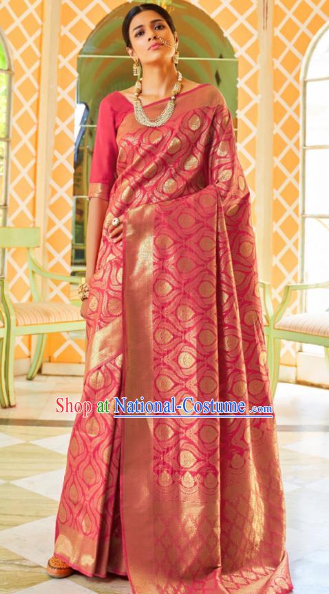 Asian Traditional Indian Court Queen Pink Silk Sari Dress India National Festival Bollywood Costumes for Women