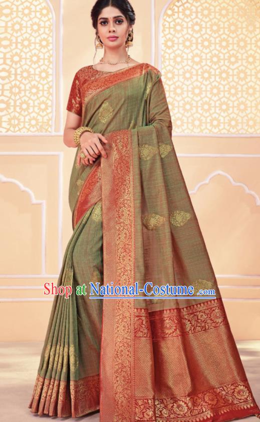 Asian Traditional Indian Light Green Art Silk Sari Dress India National Festival Bollywood Costumes for Women