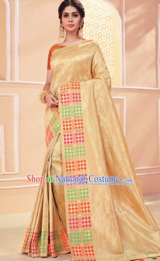 Asian Traditional Indian Light Golden Art Silk Sari Dress India National Festival Bollywood Costumes for Women