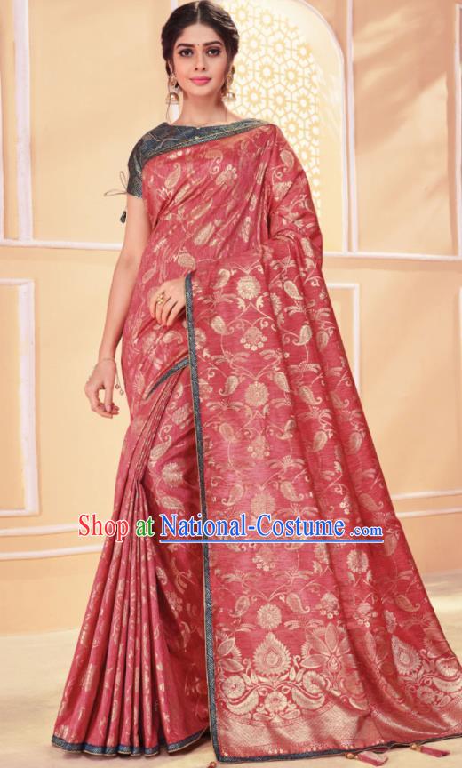 Asian Traditional Indian Light Red Art Silk Sari Dress India National Festival Bollywood Costumes for Women