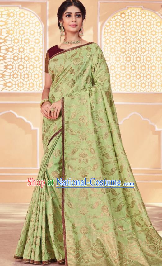 Asian Traditional Indian Light Green Art Silk Sari Dress India National Festival Bollywood Costumes for Women