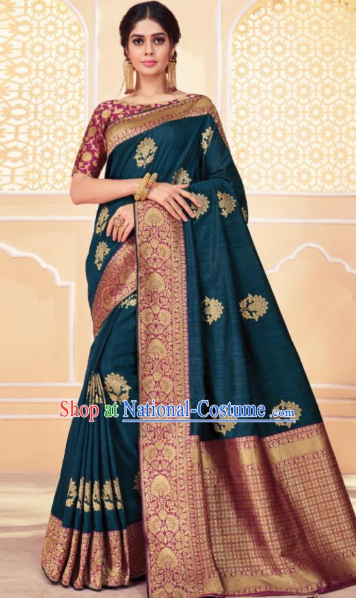 Asian Traditional Indian Navy Blue Art Silk Sari Dress India National Festival Bollywood Costumes for Women