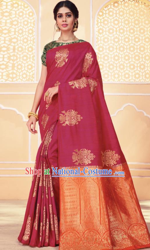 Asian Traditional Indian Rosy Art Silk Sari Dress India National Festival Bollywood Costumes for Women