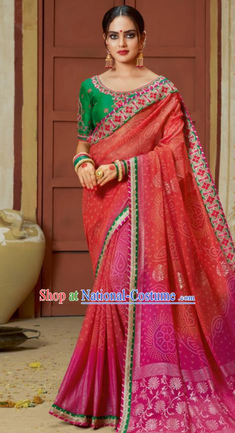 Traditional Indian Watermelon Red Georgette Sari Dress Asian India National Festival Bollywood Costumes for Women