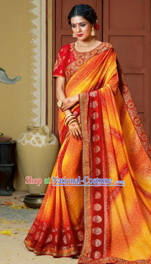 Traditional Indian Saffron Georgette Sari Dress Asian India National Festival Bollywood Costumes for Women