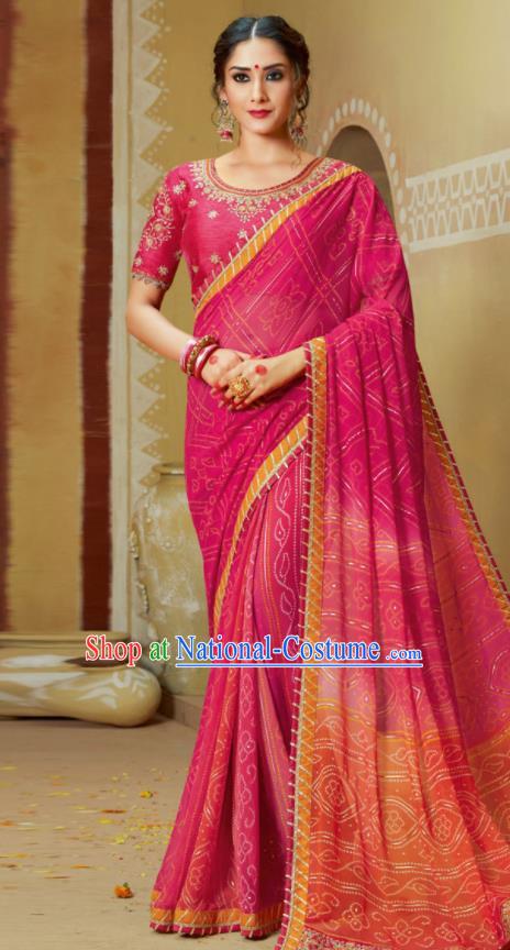 Traditional Indian Rosy Georgette Sari Dress Asian India National Festival Bollywood Costumes for Women