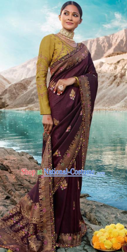 Traditional Indian Purple Silk Sari Dress Asian India National Festival Bollywood Costumes for Women