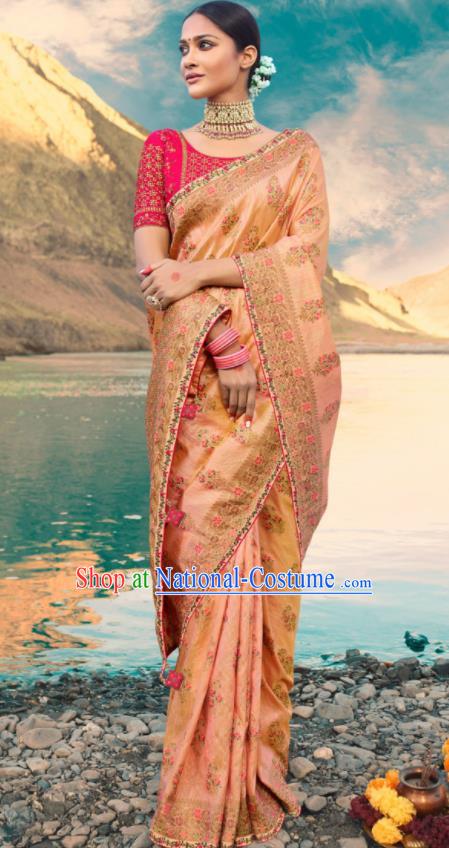 Traditional Indian Pink Silk Sari Dress Asian India National Festival Bollywood Costumes for Women