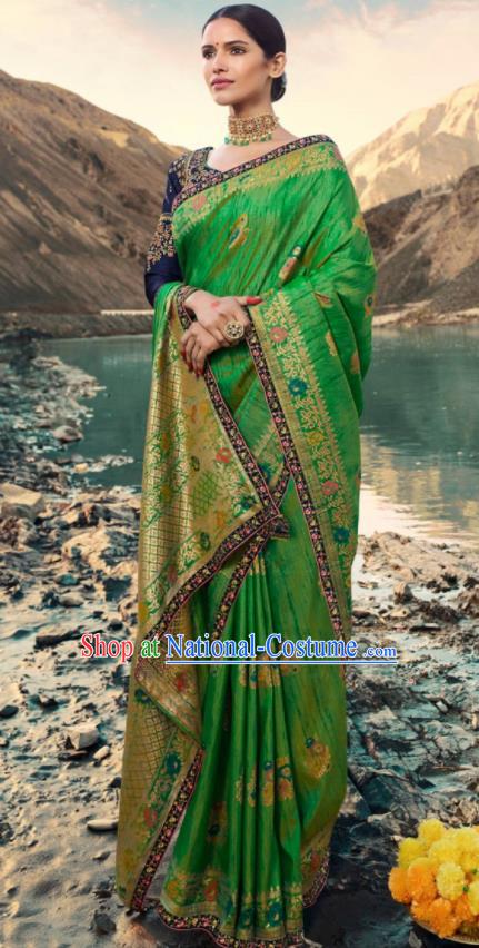 Traditional Indian Green Silk Sari Dress Asian India National Festival Bollywood Costumes for Women