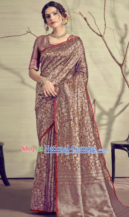 Traditional Indian Patrician Brown Silk Sari Dress Asian India National Festival Bollywood Costumes for Women