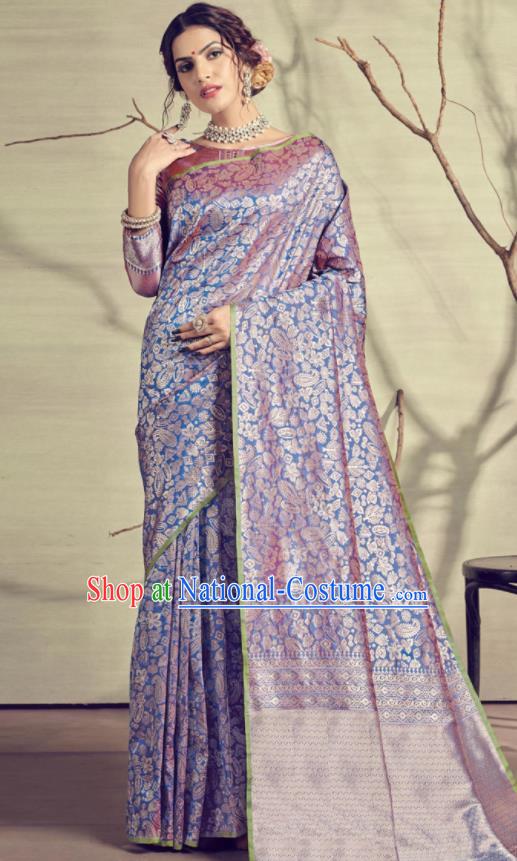 Traditional Indian Patrician Light Blue Silk Sari Dress Asian India National Festival Bollywood Costumes for Women