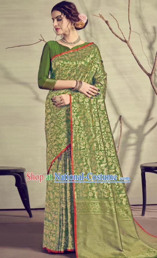 Traditional Indian Patrician Green Silk Sari Dress Asian India National Festival Bollywood Costumes for Women