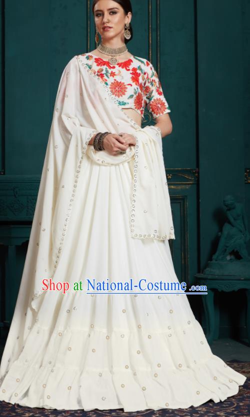 Indian Traditional Lehenga Embroidered White Dress Asian India National Festival Costumes for Women