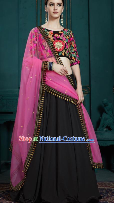 Indian Traditional Lehenga Embroidered Black Dress Asian India National Festival Costumes for Women