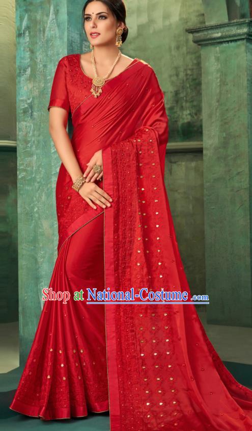 Indian Traditional Wedding Embroidered Red Sari Dress Asian India National Festival Costumes for Women