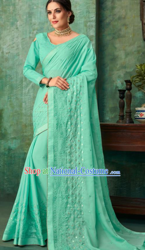 Indian Traditional Wedding Embroidered Green Sari Dress Asian India National Festival Costumes for Women