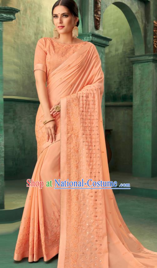 Indian Traditional Wedding Embroidered Orange Sari Dress Asian India National Festival Costumes for Women