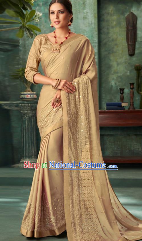 Indian Traditional Wedding Embroidered Khaki Sari Dress Asian India National Festival Costumes for Women