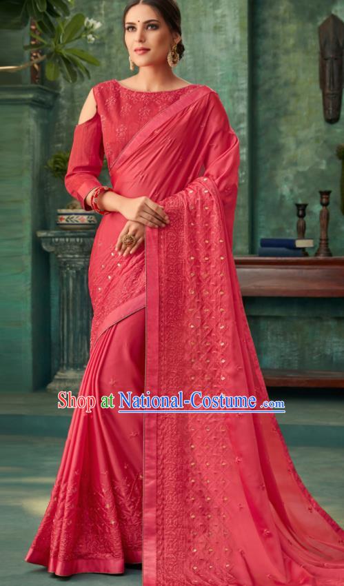 Indian Traditional Wedding Embroidered Rosy Sari Dress Asian India National Festival Costumes for Women